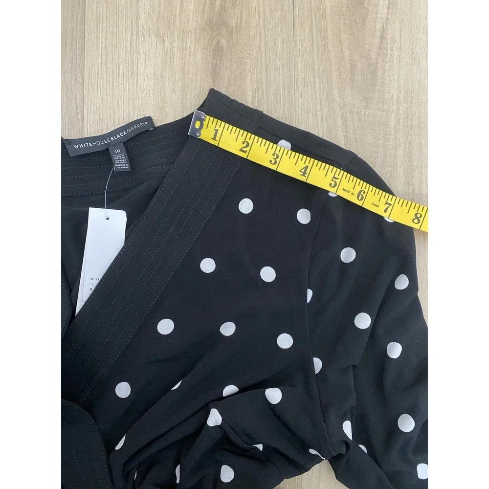 White House Black Market Black Polka Dot Long Sleeve Faux Wrap‎ Dress Size 16